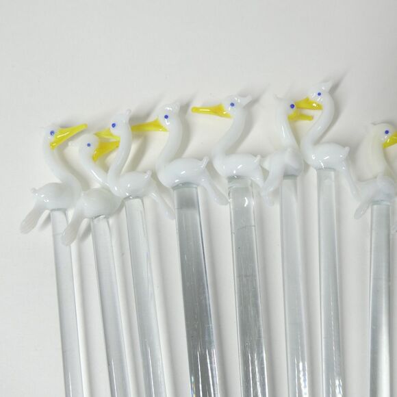 Cocktail Stirrers White Birds Hand Blown Glass Set of 16 Vintage Swizzle Sticks - Picture 5 of 11